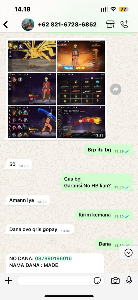 Penipuan Jual Beli Akun Free Fire Max!  dengan IG @manzb86 ,WA 082167286852 DANA 087890196016. Hati Hati Dengan Nomer itu